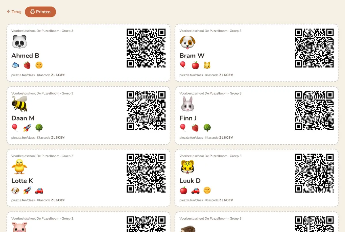Inlogkaartjes met QR-code om te printen.